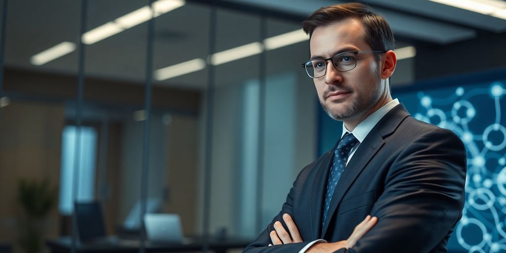 Lawyer smiling with a modern computer interface.