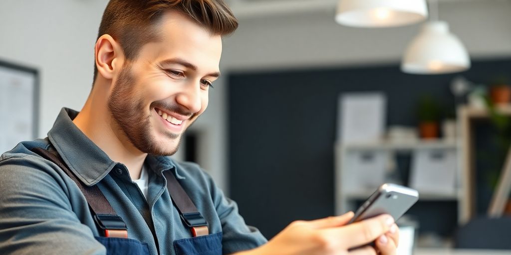 Plumber using a smartphone with a glowing AI interface.