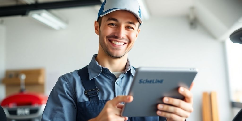 A professional plumber interacting with a tablet.
