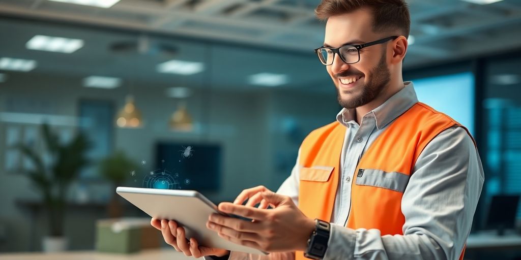 Pest control technician using AI on a tablet.