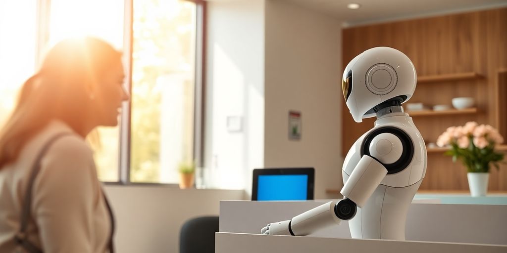 Hearing center desk with a friendly AI robot assistant.