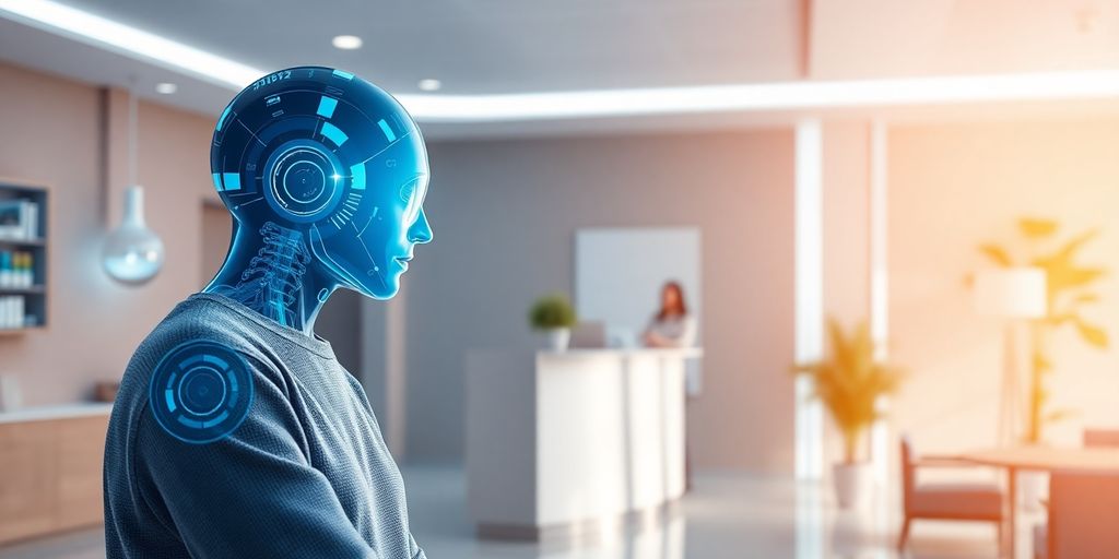Hearing center reception with AI assistant interacting with patient.