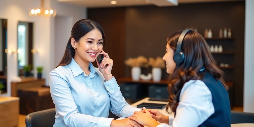 Smiling receptionist answering phone at a modern salon.