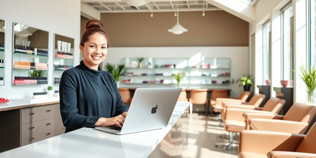 Salon receptionist handling appointments on a laptop.