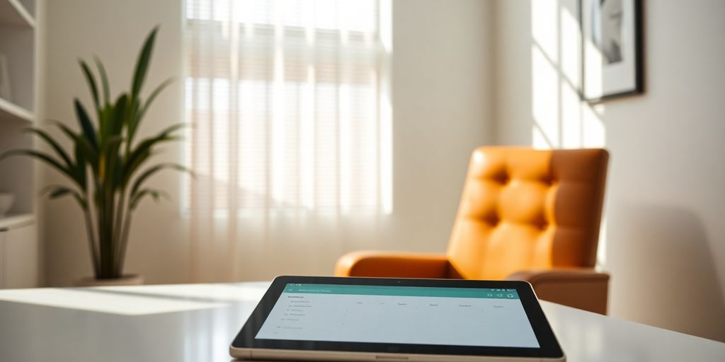 Therapist using AI appointment setter on a tablet.