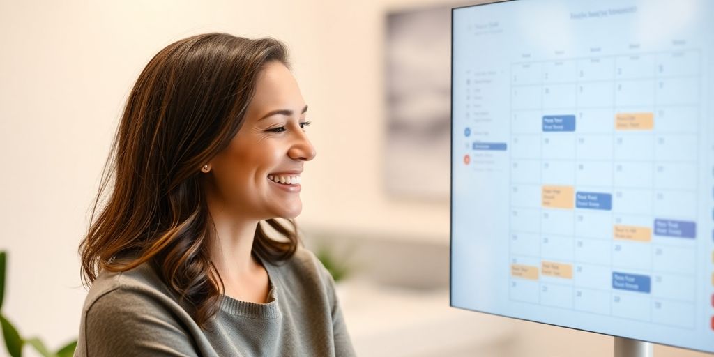 Therapist interacting with AI scheduler on a tablet.