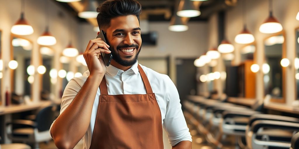 Barber in modern shop answering phone with client.