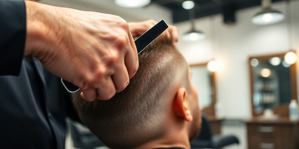 Barber at work with a blurred client in background.