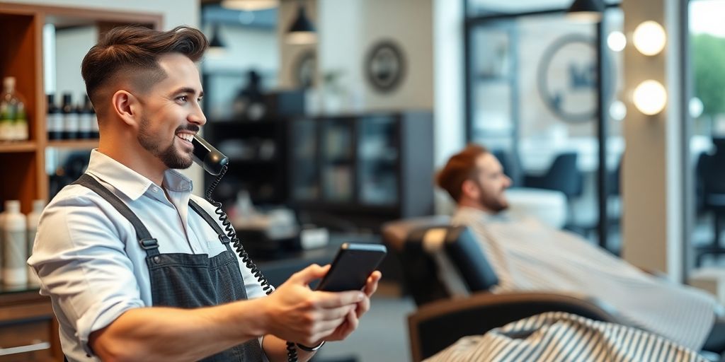 Barber receiving a phone call while cutting hair.