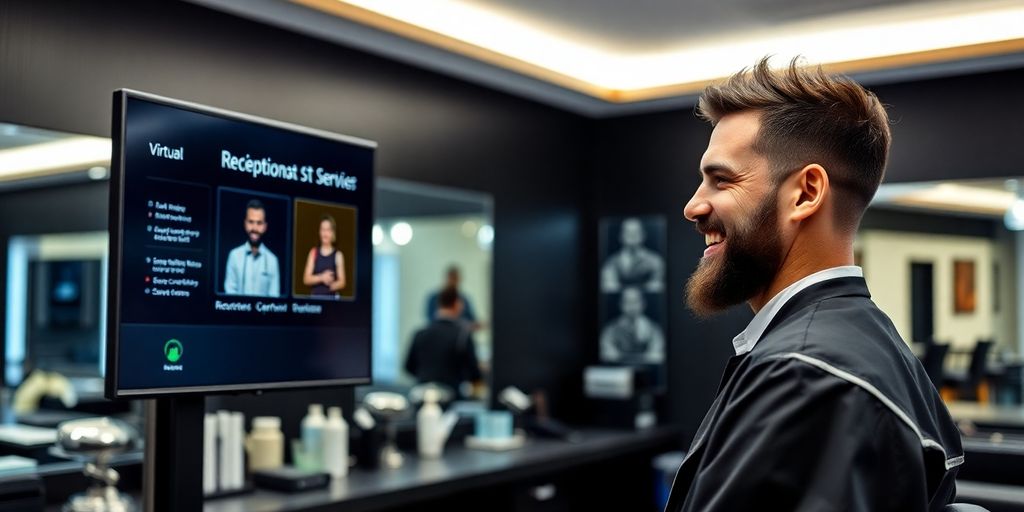 Barber at desk with virtual receptionist interface.