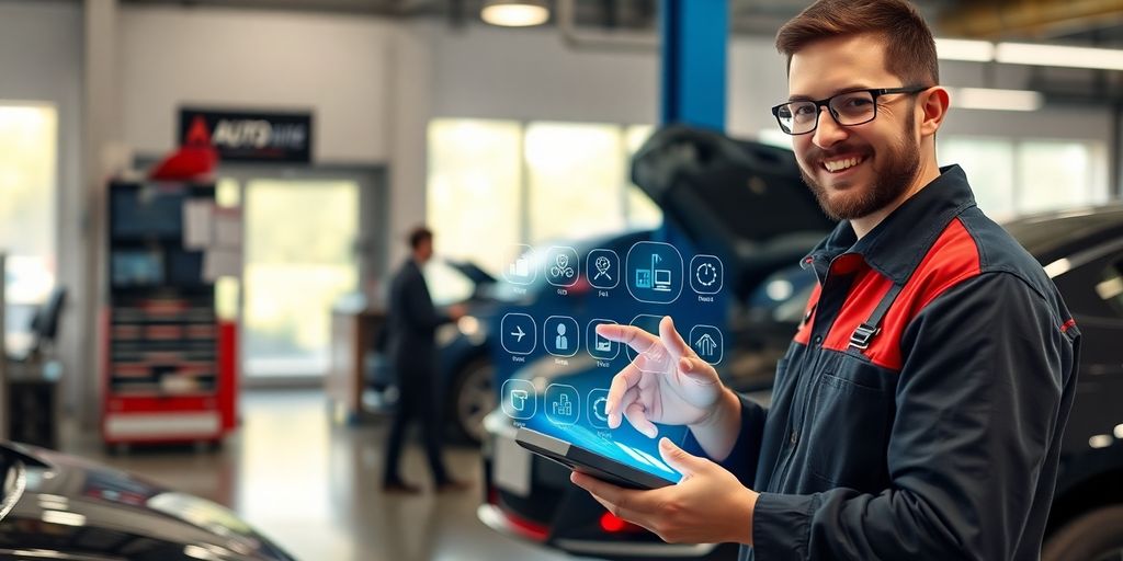 Mechanic using a smartphone for business.