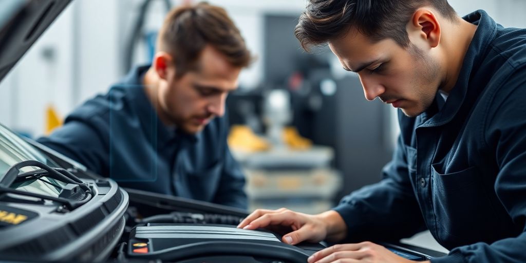 Mechanic working on car engine with AI overlay.