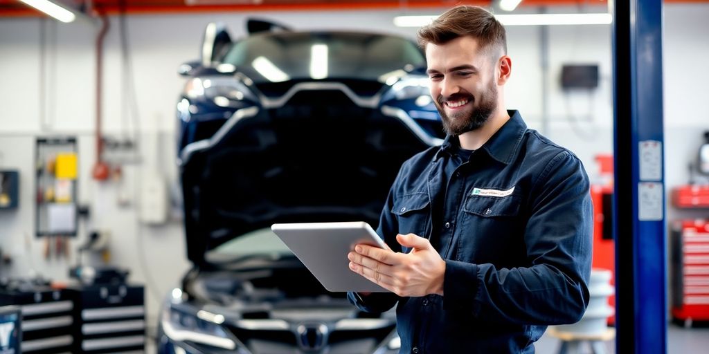 Mechanic happily using tablet in auto shop.