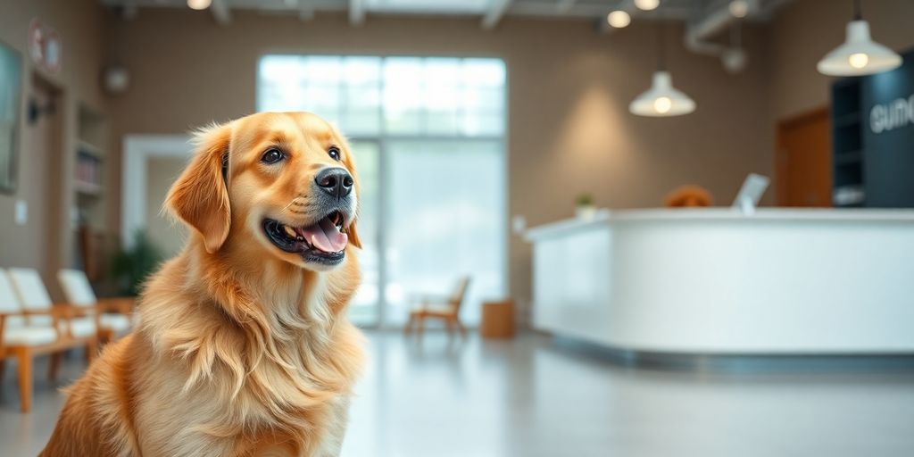 Happy dog at a modern daycare reception.