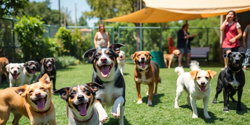 Happy dogs playing at daycare.