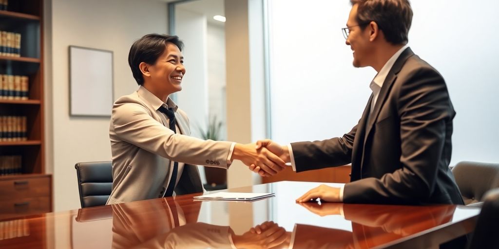 Lawyer shaking hands with a client at a desk.