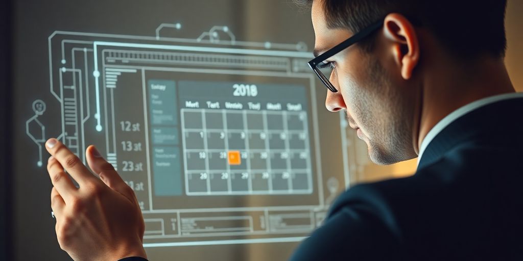 Accountant reviewing a digital calendar with AI icons.