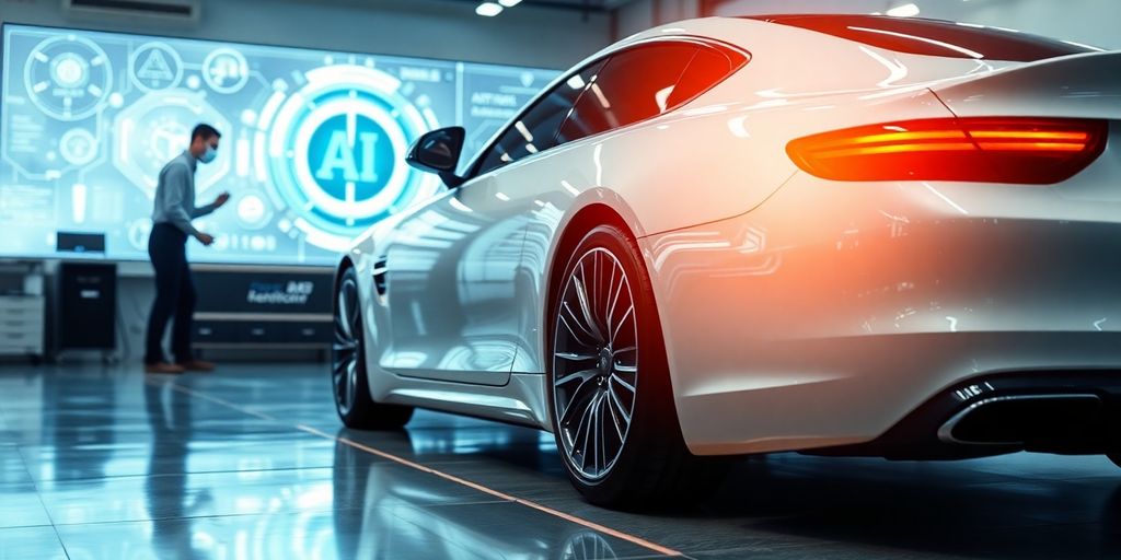 Car detailing technician and AI bot shaking hands.