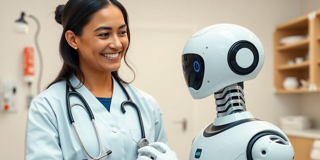 Veterinarian and AI robot interacting with clinic.