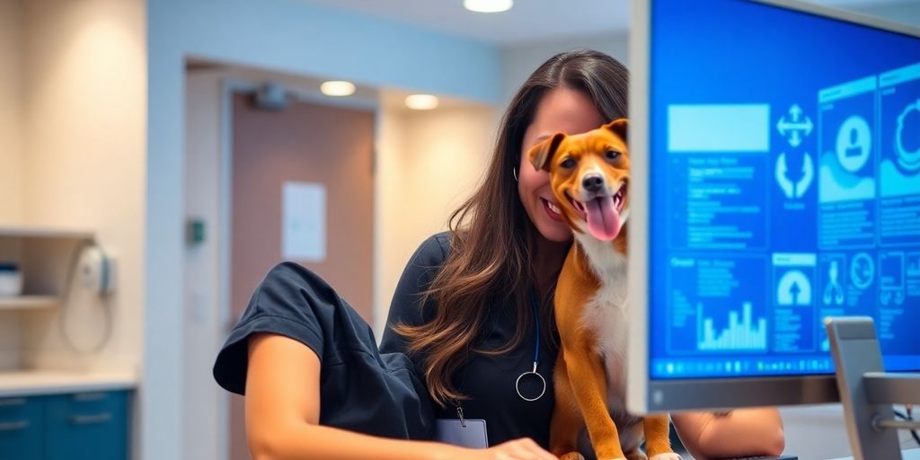 Veterinary clinic receptionist using AI appointment system.