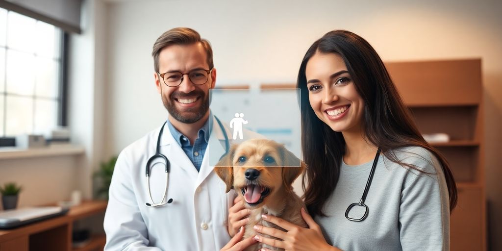 Veterinarian and happy pet owner with AI interface.