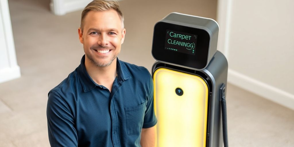 Carpet cleaner smiling next to a sleek AI device.