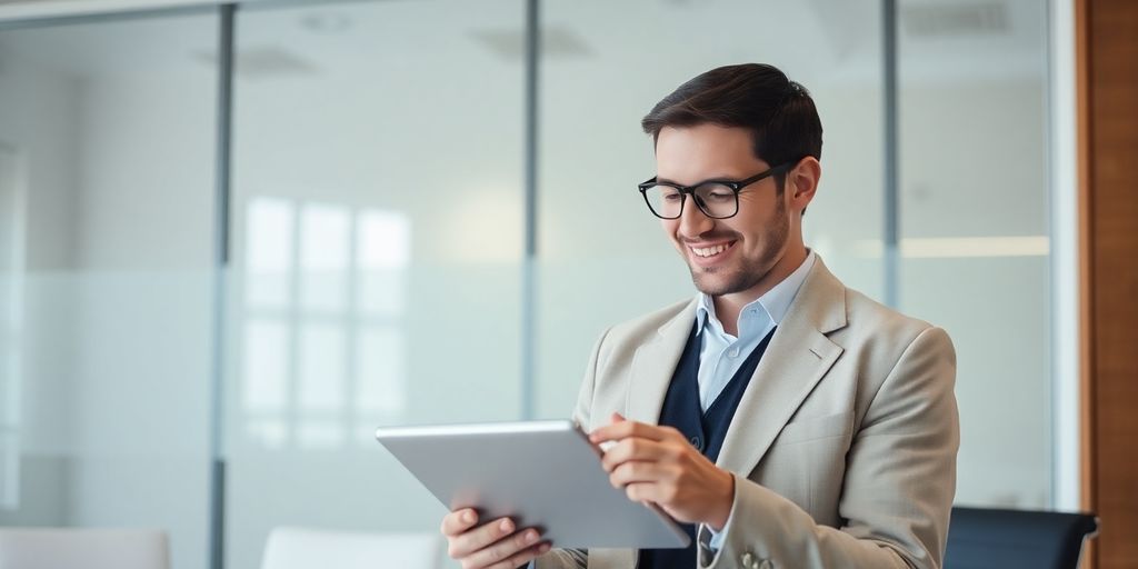 Lawyer interacting with client via tablet