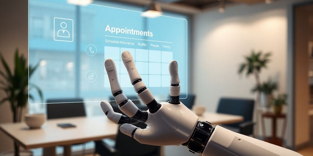 AI robot helps insurance agent with appointments.