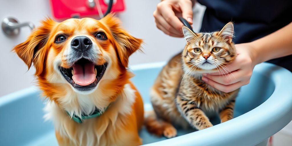 Dog and cat enjoying professional grooming.