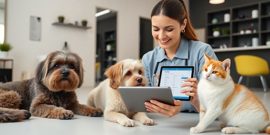 Groomer using AI tool on a tablet with happy pets.