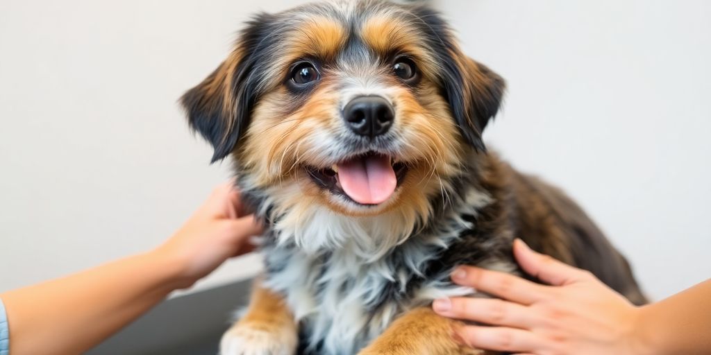 Happy dog receiving grooming services at a salon.