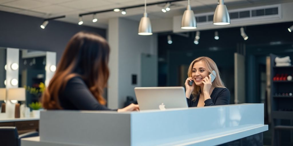 Salon receptionist talking to a client on the phone.