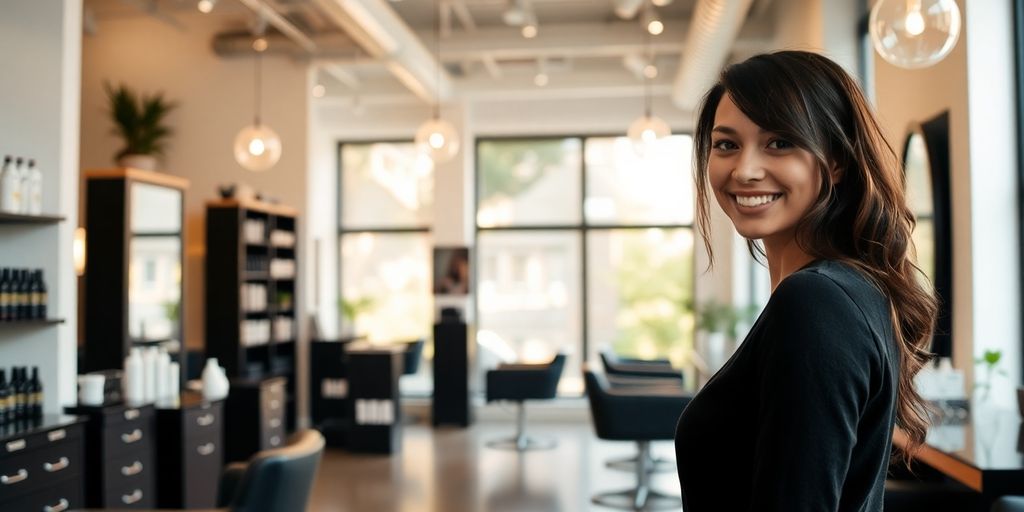 Stylish salon interior with a smiling professional.