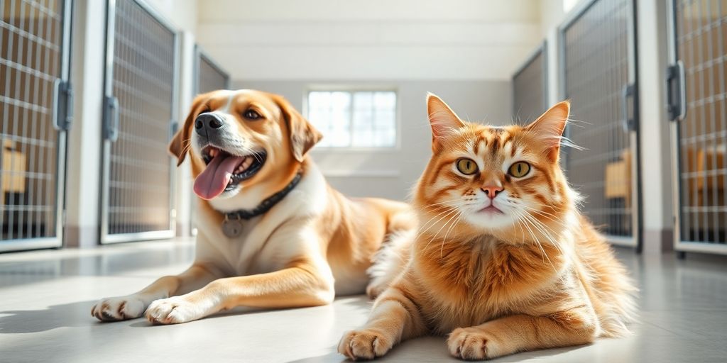 Happy dog and cat in a clean boarding kennel.