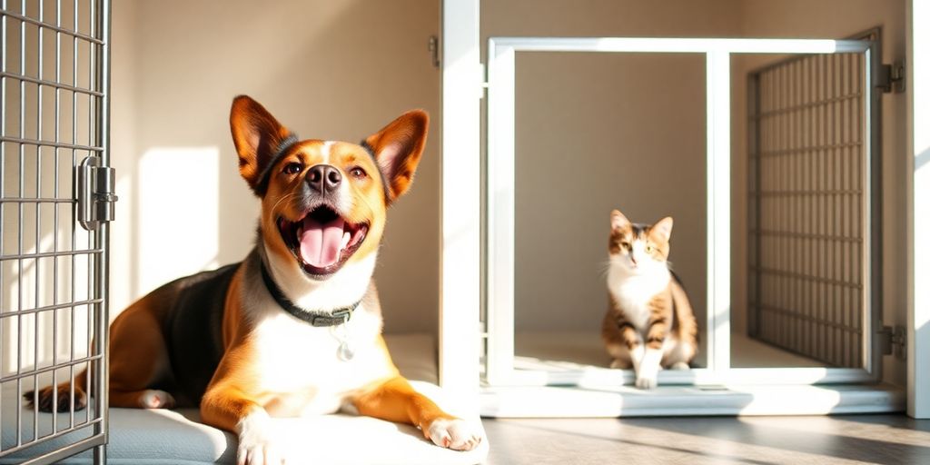 Happy dog and cat in a clean, modern kennel.