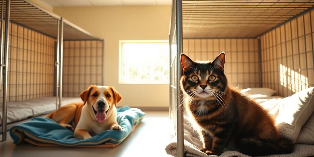 Happy dog and cat at a bright, modern kennel.