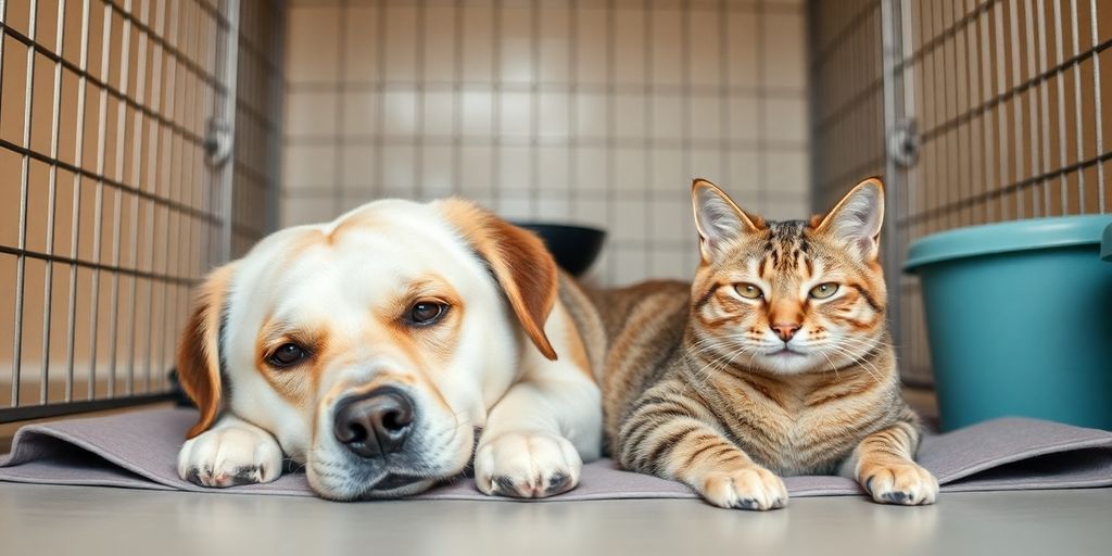 Happy dog and cat at a modern kennel.