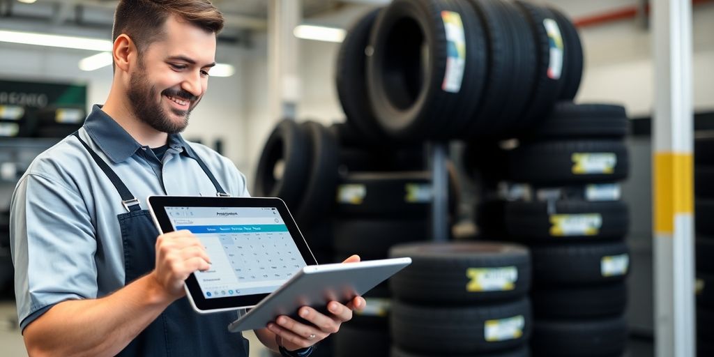 Tire shop owner interacting with AI on a digital interface.