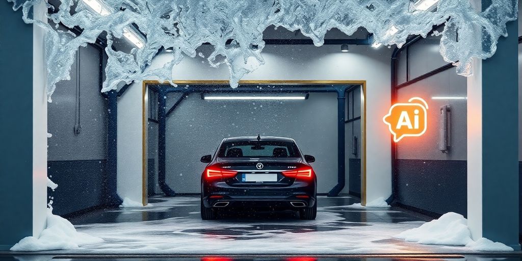 Car wash bay with a glowing AI icon.