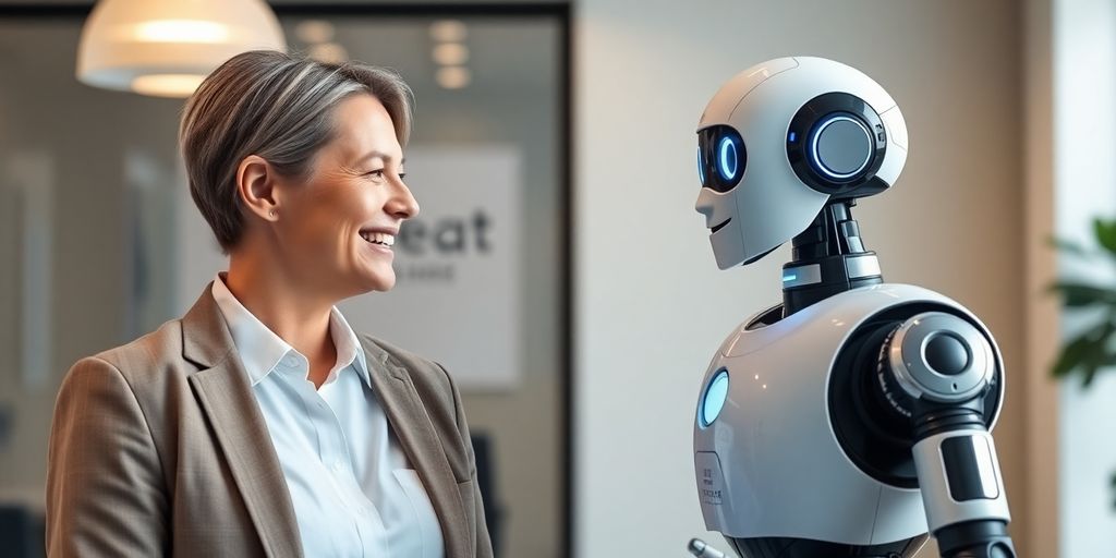 Agent and AI robot shaking hands.