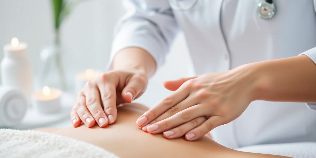 Hands massaging a client's back in a serene spa.