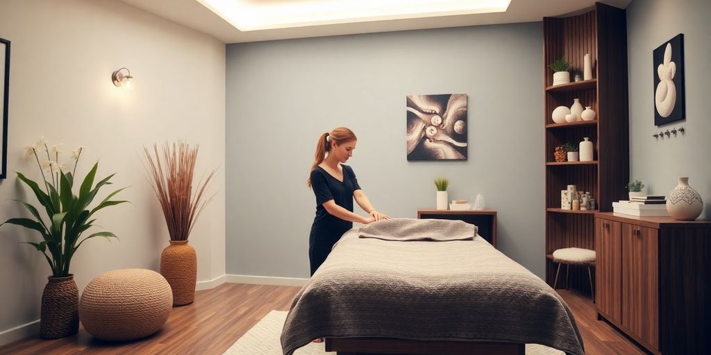Massage therapist and client in a calm treatment room.