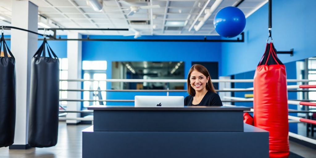 Boxing gym interior with a person at a desk.