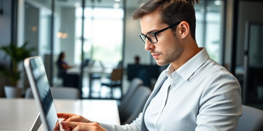 Lawyer working with a virtual receptionist on a computer.