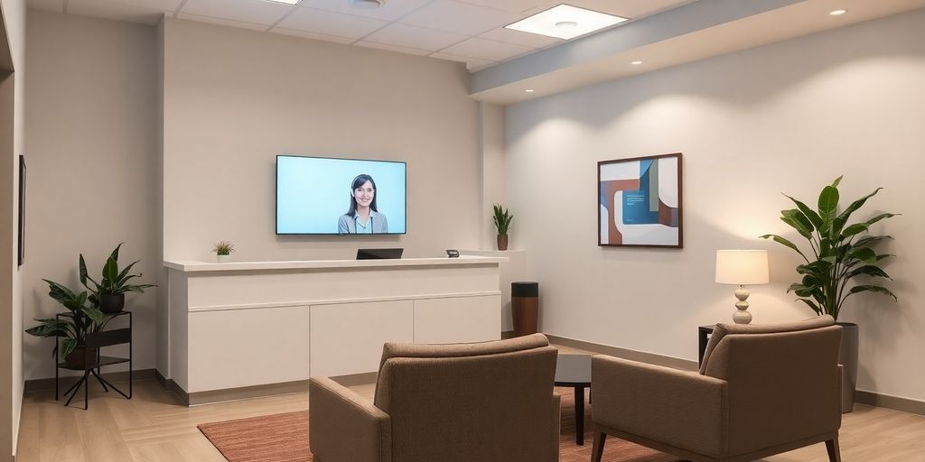Smiling receptionist assisting a patient at a hearing center.