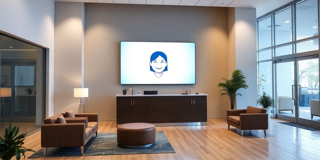 Friendly receptionist greeting patient via screen.