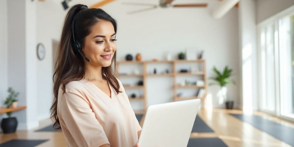 Yoga studio with a woman smiling at a laptop.