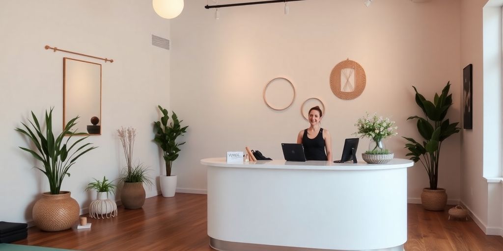 Yoga studio reception desk with a friendly attendant.