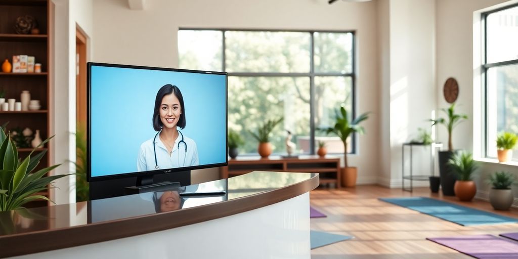 Yoga studio reception desk with smiling virtual receptionist.