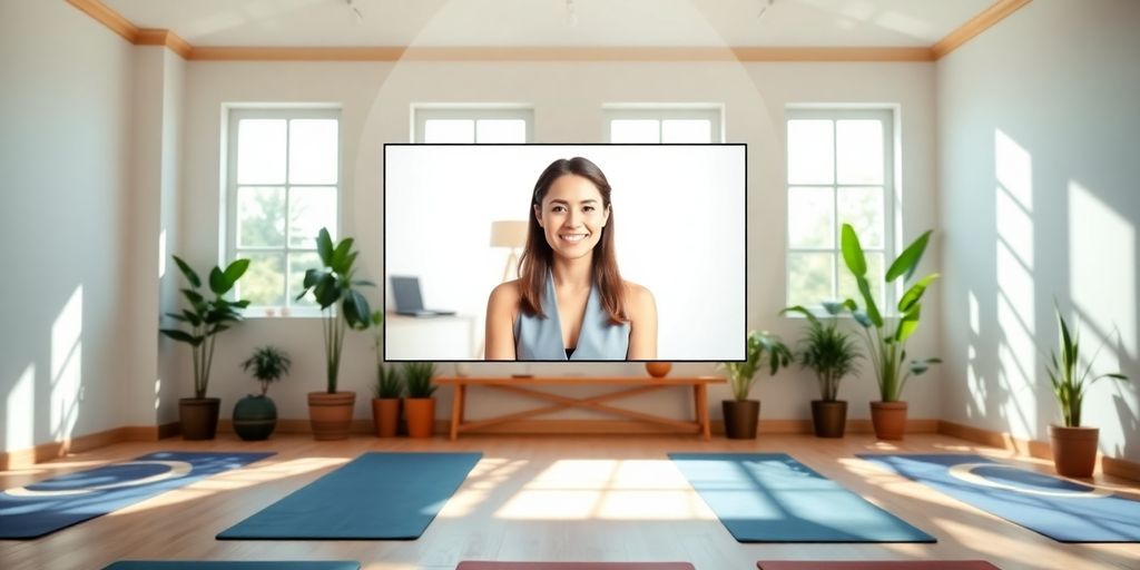 Serene yoga studio with a friendly virtual receptionist.